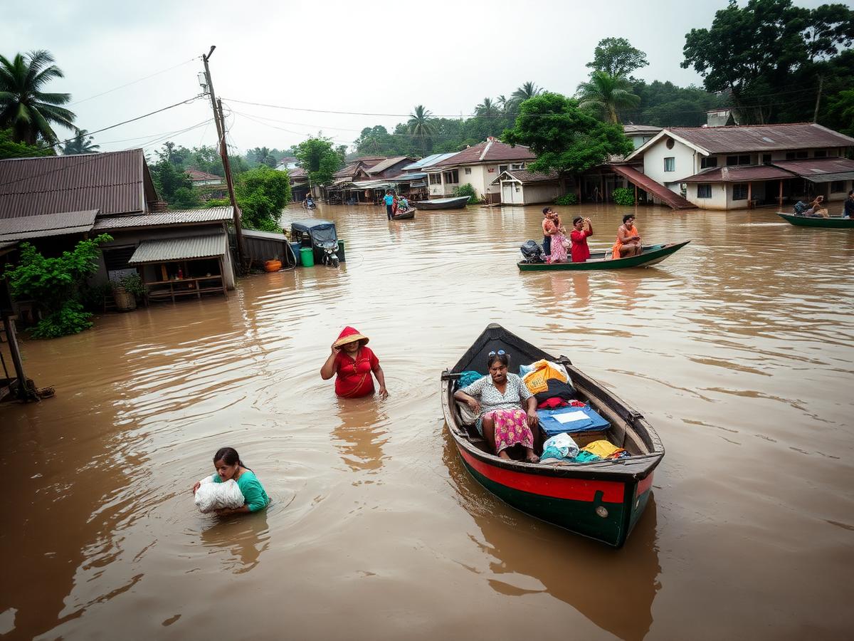 Residents wading through floodwater beside a rescue boat